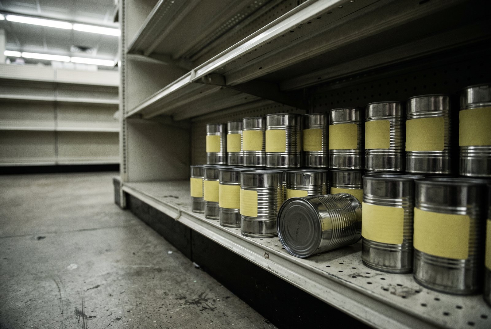 A discount store shelf of identical blank cans with the same blank yellow sticker, one fallen over.