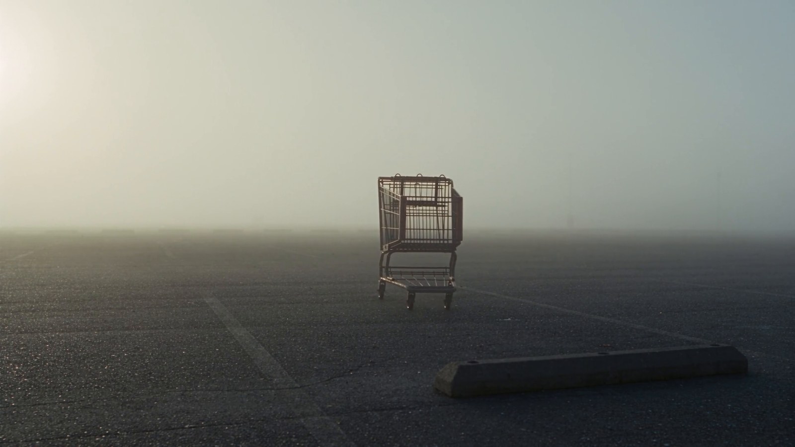 A shopping cart rolls by itself across an empty supermarket parking lot at dawn.