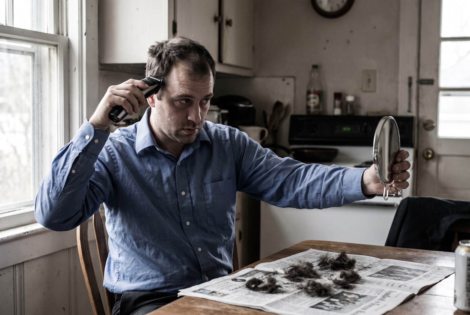 A man gives himself a haircut with a beard trimmer at a kitchen table, holding a hand mirror at arm's length.